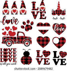 Set of Valentine's day vector elements isolated on white background: red buffalo plaid Valentine gnomes holding hearts, unicorn face, old vintage truck. Love clipart