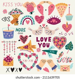 Set Valentines Day vector elements doodle hand drawn clipart. Romantic Love Heart, Flower, Bird, Paper Envelope Lettering decoration