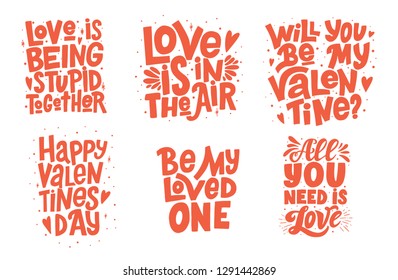 Set of Valentine's Day vector hand lettering inscriptions in red color isolated on white background. Handwritten poster or greeting card. Valentine's Day typography. 