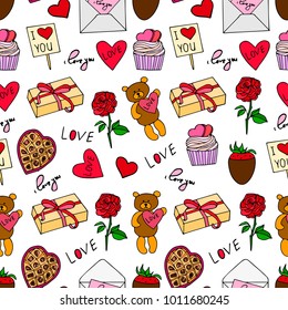 Set of Valentines day vector illustration. Rose, bear, envelope, heart, chocolate covered strawberries, cupcake, gift box. 