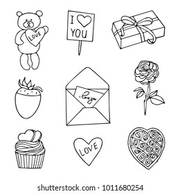Set of Valentines day vector illustration. Rose, bear, envelope, heart, chocolate covered strawberries, cupcake, gift box. 