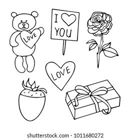 Set of Valentines day vector illustration. Rose, bear, envelope, heart, chocolate covered strawberries, cupcake, gift box. 