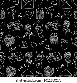 Set of Valentines day vector illustration. Rose, bear, envelope, heart, chocolate covered strawberries, cupcake, gift box. 