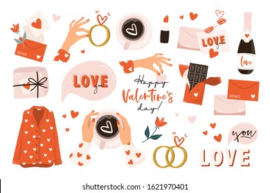 Set of Valentines day vector illustration with hand lettering. Trendy color palette and cute romantic elements and lovely typography. Good for card, wedding, scrapbook, logo, t shirt design.