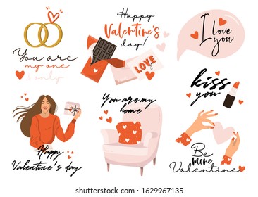 Set of Valentines day vector illustration with hand lettering. Trendy color palette and cute romantic elements and lovely typography. Good for card, wedding, scrapbook, logo, t shirt design.