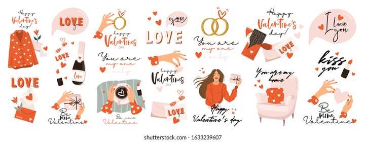 Set of Valentines day vector illustration with hand lettering. Trendy color palette and cute romantic elements and lovely typography. Good for card, wedding, scrapbook, logo, t shirt design.