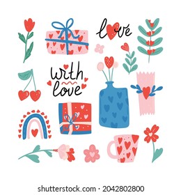 Set of Valentines day vector illustration. Trendy color palette and cute romantic elements. Doodle style.