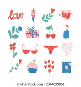Set of Valentines day vector illustration. Trendy color palette and cute romantic elements. Doodle style.