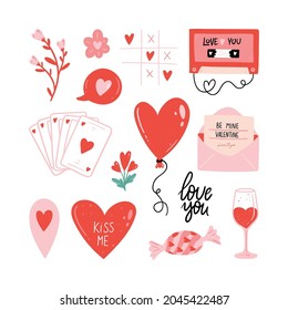 Set of Valentines day vector illustration. Trendy color palette and cute romantic elements. Doodle style.
