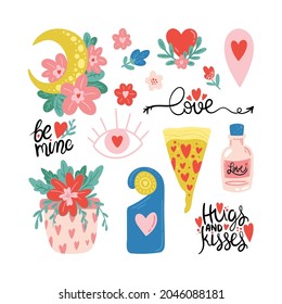 Set of Valentines day vector illustration. Trendy color palette and cute romantic elements. Doodle style.