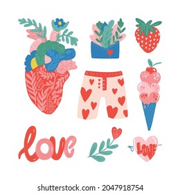 Conjunto de ilustraciones vectoriales del día de San Valentín. Paleta de colores moderna y bonitos elementos románticos. Estilo Doodle.