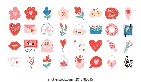 Set of Valentines day vector illustration. Trendy color palette and cute romantic elements. Doodle style.
