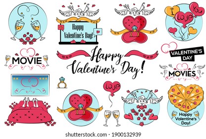Set of Valentines Day Vector illustrations in cartoon style, stikers, postcards, web cover, banners. Angel, flowers, ring, Balloons with text I Love You, vine, pizza in shape of heart for couple. 