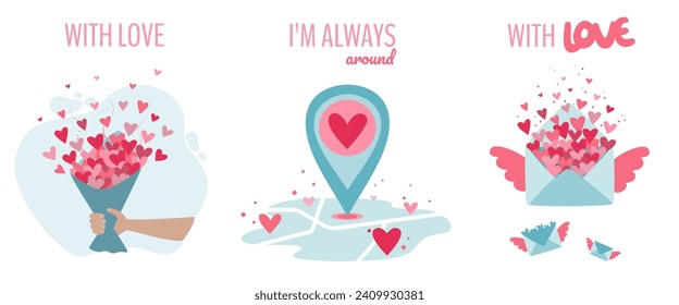 Conjunto de ilustraciones vectoriales de día de San Valentín. Diseño de estilo plano.
