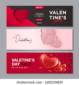 Set of Valentine's Day vector posters or banners with sale promo discount text with heart elements on different color background for shopping promotion