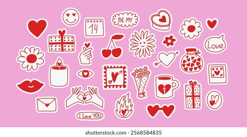 Set of Valentine's Day vector stickers elements set. Collection of cute naive illustration of different romantic objects. 14 February design concept.