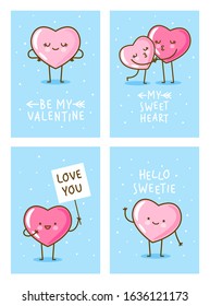 Set of Valentines day vertical greeting cards design with cute happy hearts on color background