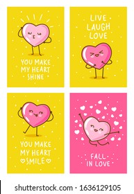 Set of Valentines day vertical greeting cards design with cute happy hearts on color background