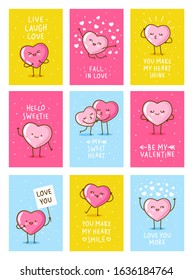 Set of Valentines day vertical greeting cards design with cute happy hearts on color backgrounds