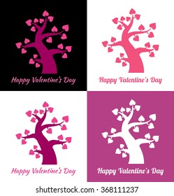 Set of Valentines day vintage red trees with hearts icons. Pink Valentines day card concept. Vector logo design.