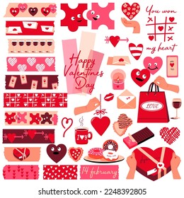 Set for Valentines Day. Washi tapes and different hearts, hands with gift boxes, sweet food. Masking tape or  adhesive strips for frames, scrapbooking, borders, web graphics, crafts, stickers. Vector.
