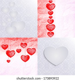 Set of Valentine's day or wedding illustrations, red hearts with laconic lace-like outline and lighting white dots and white 3d paper hearts on graphic stylized art cobweb background.