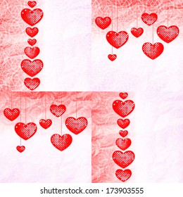 Set of Valentine's day or wedding illustrations, seven red hearts with laconic lace-like outline and lighting white dots in a row on graphic stylized art and textured like crumpled paper background.