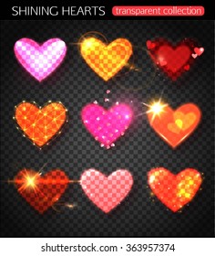 Set of Valentines Day or Wedding Shining Colorful Hearts on transparent background. Vector eps 10 format