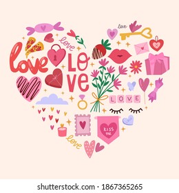 Set for valentine's day,cute love illustration in the shape of a heart. The 14th of February. All elements are isolated.Hand drawn vector design.