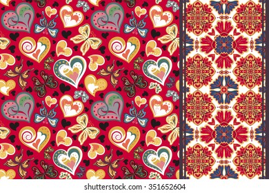 Set of valentines floral background with hearts and butterfly and seamless border, band ribbon strip. Retro seamless pattern