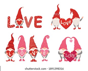 Set of Valentine's garden gnomes. Collection of lovely gnomes with red hearts. Gnome couple with funny hats. Romantic cute elves. Colorful illustration of holidays dwarf. Love symbol.