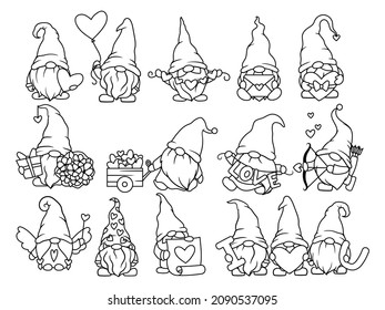 Set of Valentine's garden gnomes. Collection of lovely gnomes with red hearts. Gnome couple with funny hats. Romantic cute elves. Colorful illustration of holidays dwarf. Love symbol.