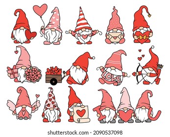 Set of Valentine's garden gnomes. Collection of lovely gnomes with red hearts. Gnome couple with funny hats. Romantic cute elves. Colorful illustration of holidays dwarf. Love symbol.