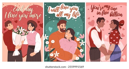 Set of valentines or greeting cards for Valentines day. Vector banners or flyers for romantic holiday. Sayings or expressions about love. Phrases, words of love. Relationships, amour, couple in love.