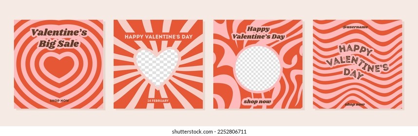Set of Valentines greeting cards in retro 60s 70s 80s groovy style. Sale square banner for social media ig post. Love creative minimal print. Web background. Poster template vector flat illustration.