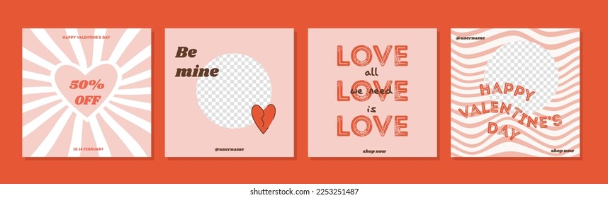 Set of Valentines greeting cards in retro 60s 70s 80s groovy style. Sale square banner for social media post. Love creative minimalist print. Web background. Poster template vector flat illustration.