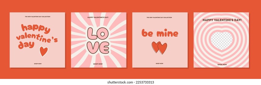 Set of Valentines greeting cards in retro 60s 70s 80s groovy style. Sale square banner for social media post. Love creative minimalist print. Web background. Poster template vector flat illustration.