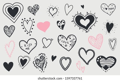 Set of Valentine's hand drawn hearts. Doodles hearts. 