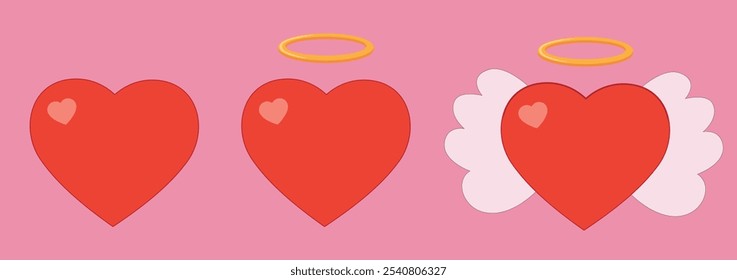 Ponga el corazón de San Valentín. Ilustración de corazón juguetón con halo angelical y alas sobre fondo rosa, que simboliza el amor y la pureza. 