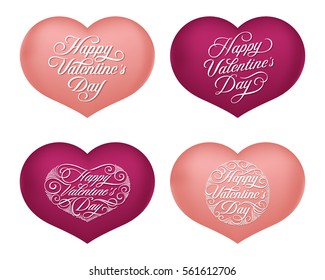 Set of Valentine's hearts with hand draw lettering. isolated on white