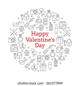 Set of Valentine's  icons, design elements in a round shape with the words "Happy Valentine's Day".  Vector illustration.