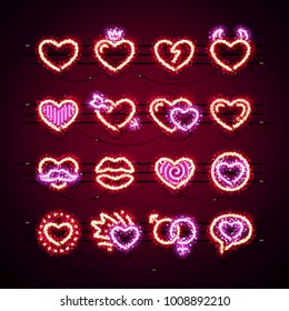 Set of Valentines icons with glitter makes it quick and easy to customize your romance projects. Used neon vector brushes are included.