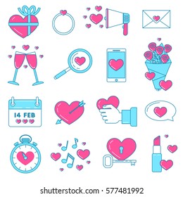 Set of Valentines icons. Pink line design love set. Ring, romantic music, love messages.