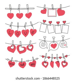 Set of Valentines on clothespins. Vector illustration.