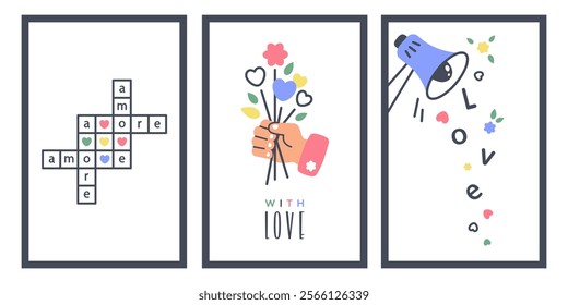 Set of Valentines posters. Loudspeaker with Love message. Human Hand holding bouquet of Flowers. Giving Flowers. Crossword puzzle with romantic lettering. Vector cartoon illustration