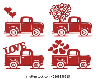 Set valentine's red truck with hearts. Flat vector illustration