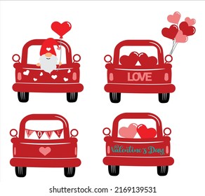 Set valentine's red truck with hearts. Flat vector illustration	