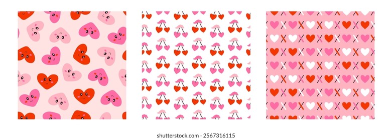 Set of Valentines seamless patterns. Hearts and cherry, trendy romantic vector background, wallpaper