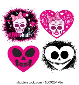 set, valentines skull with heart, grunge vintage design t shirts