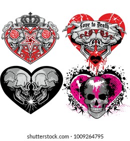 set, valentines skull with heart, grunge vintage design t shirts